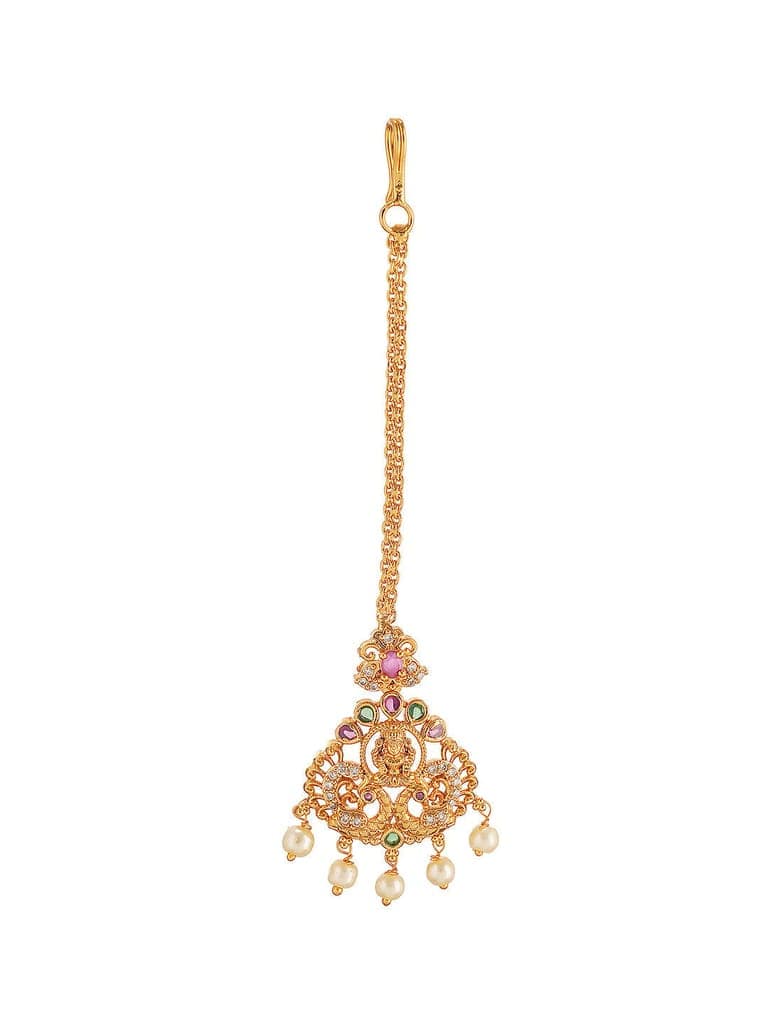 Combo Gold Plated White AD & Pearl Studded Temple Lakshmiji Bridal Jewellery Set view 7