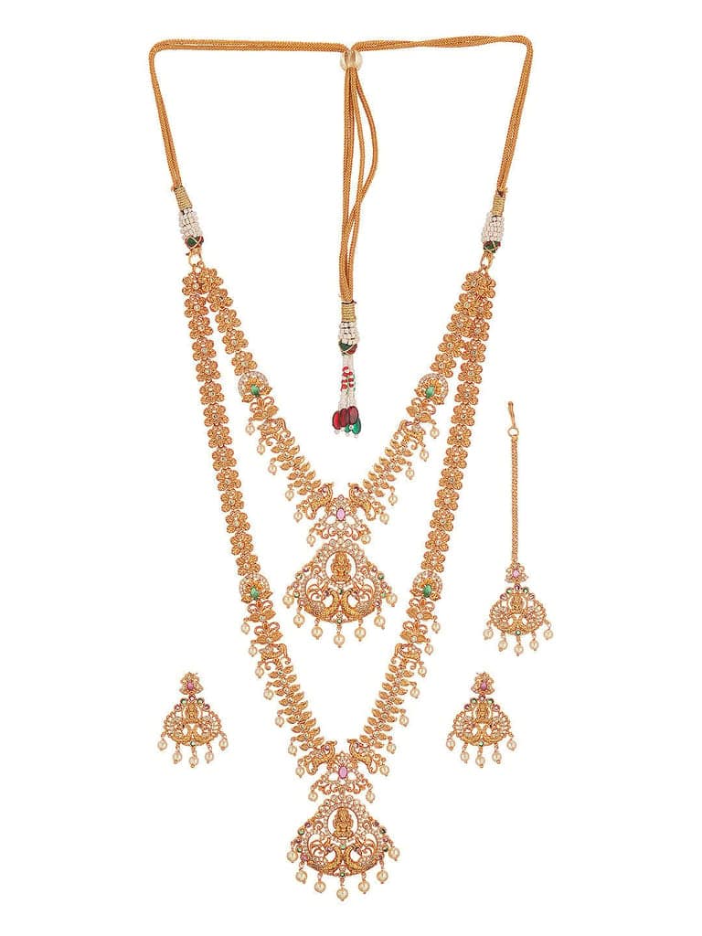 Combo Gold Plated White AD & Pearl Studded Temple Lakshmiji Bridal Jewellery Set view 9