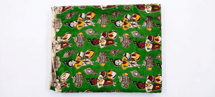 KALAMKARI MATERIAL GREEN WITH GOD KRISHNA DESIGN (1 MTR)