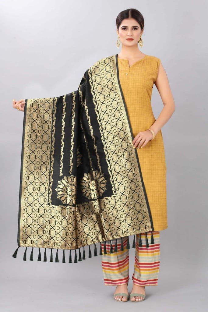 Women Black &amp; Gold Toned Jacquared Banarasi Dupatta