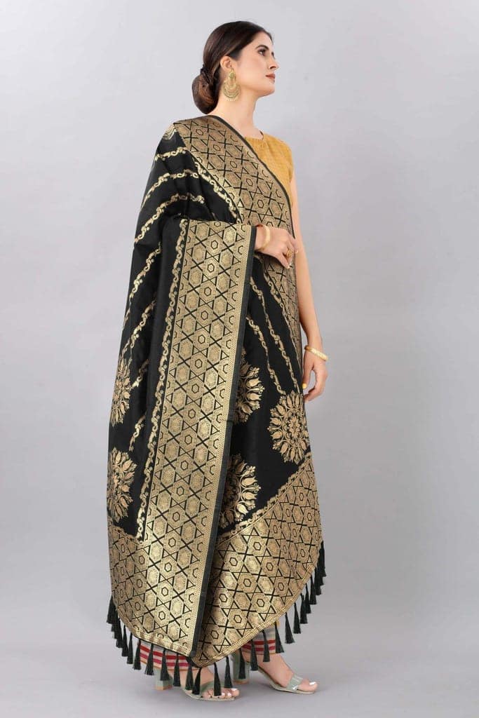 Women Black &amp; Gold Toned Jacquared Banarasi Dupatta view 2