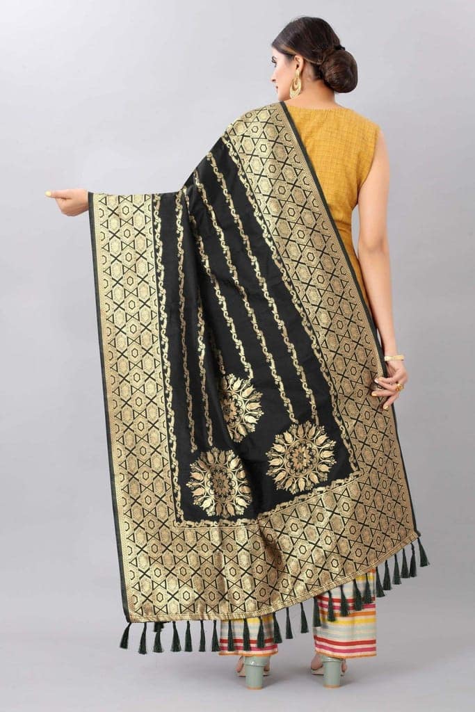 Women Black &amp; Gold Toned Jacquared Banarasi Dupatta view 3