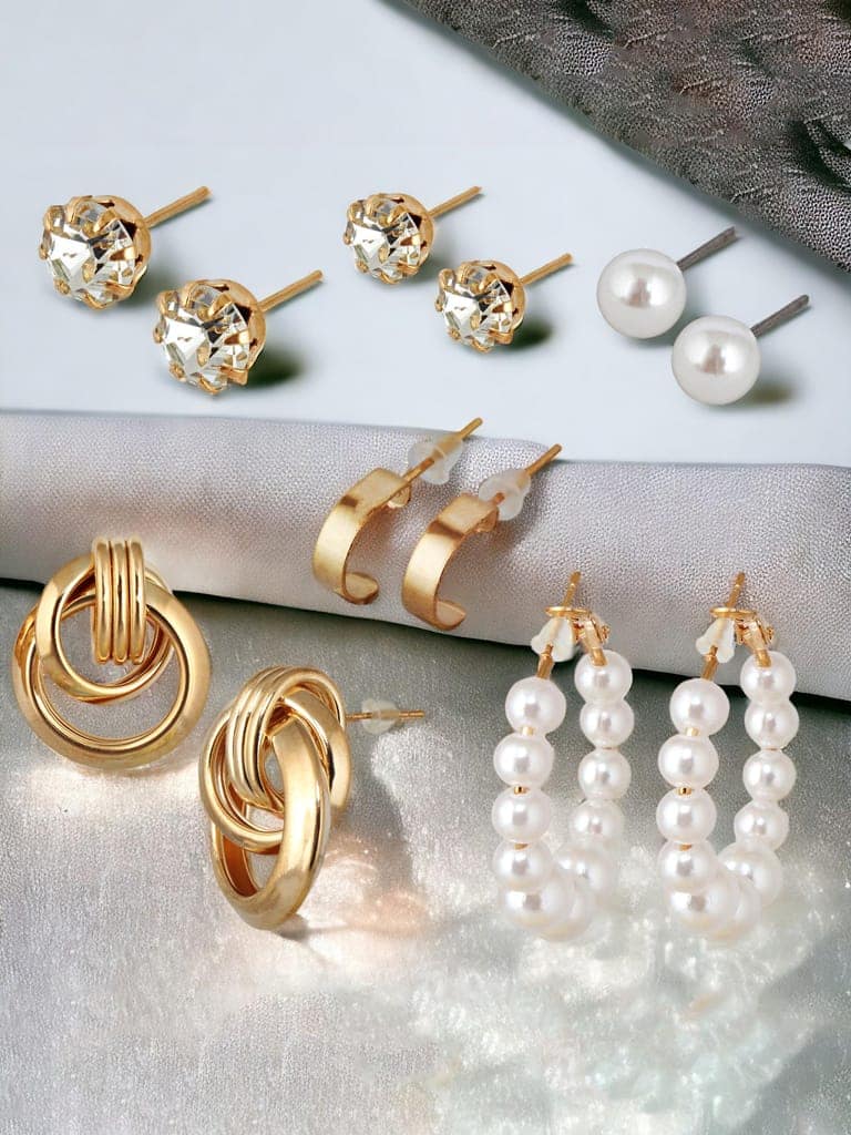 LUCKY JEWELLERY Fashion 6 Pairs Combo Set Of Latest Earrings Celebrity Inspired Stylish Trendy Gold Plated Stone Pearl Stud Tops, Hoops Earing Chain Link Earring for Women & Girls (175-CHEX-1159-6) view 2