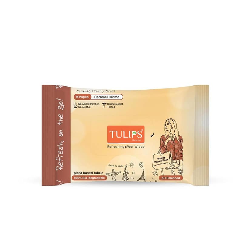 TULIPS Refreshing Wet Wipes with Sensual Creamy Caramel Creme Scent, (8 Wipes Each Pack), No Added Parabens or Alcohol, Dermatologist Tested, 100% Biodegradable Plant-Based Fabric (Pack of 5) view 2