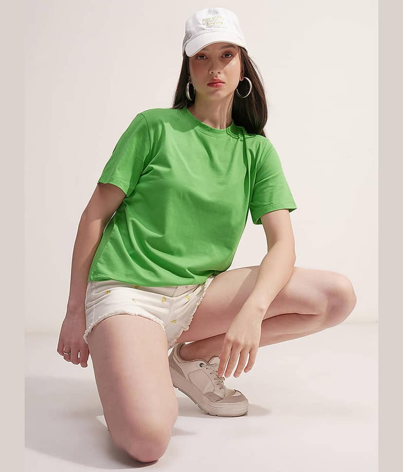 Tokyo Talkies Women Cotton Blend Regular Fit Round Neck T-Shirt ( Green ) view 2
