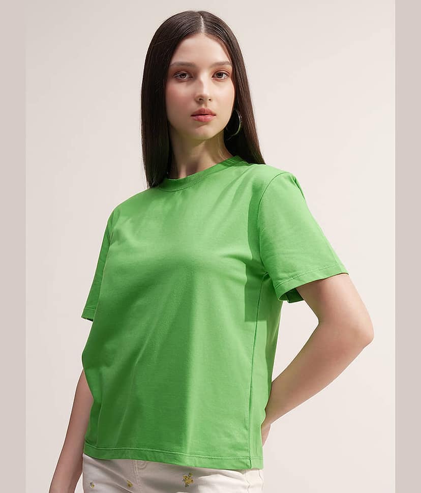 Tokyo Talkies Women Cotton Blend Regular Fit Round Neck T-Shirt ( Green ) view 4