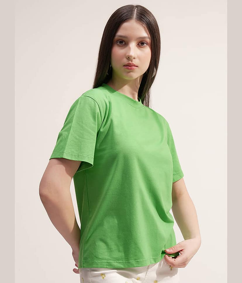 Tokyo Talkies Women Cotton Blend Regular Fit Round Neck T-Shirt ( Green ) view 6