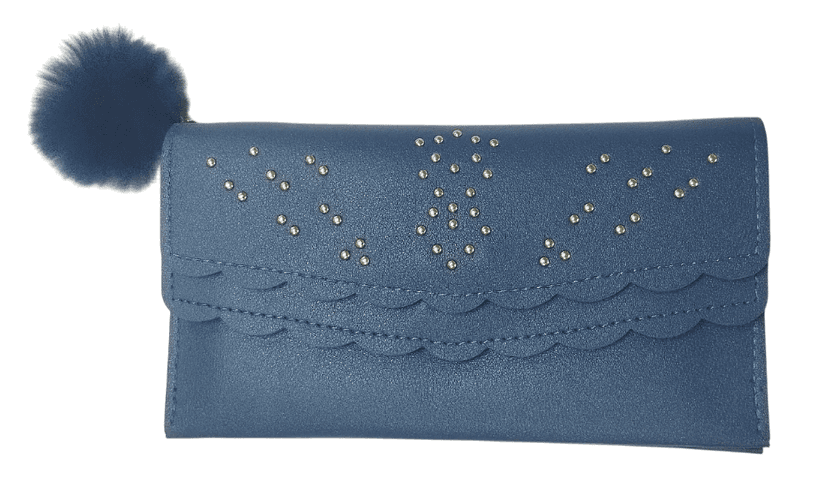 Women's Blue Faux Leather Wallet with Gold Studs and Fur Pom Pom