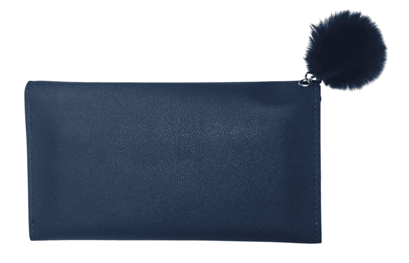 Women's Blue Faux Leather Wallet with Gold Studs and Fur Pom Pom view 3