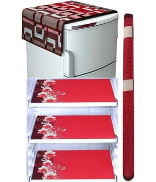 Laphino Polyester Floral Fridge Mat & Cover ( 97 55 ) Pack of 5 - Brown