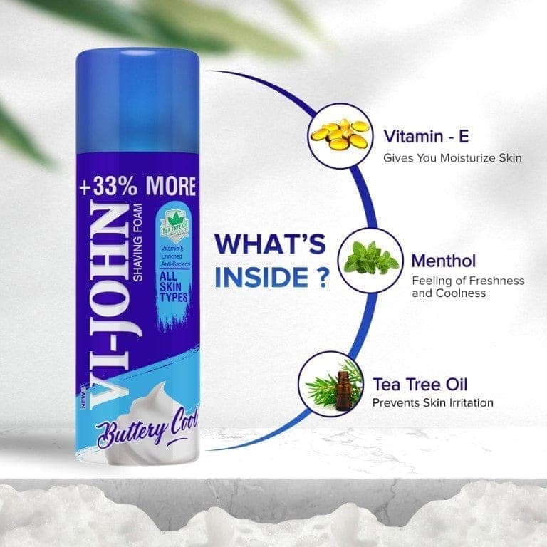 VI-JOHN Shaving Foam For All Skin Types With Tea Tree Oil, Menthol, Vitamin E & Anti Bacterial Formula (Pack Of 2 - 800 G) view 3
