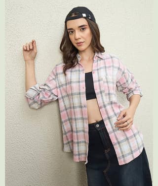 Chimpaaanzee Women Checked Cotton Shirt ( Pink )