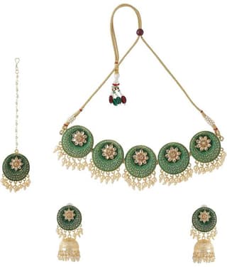 VIRAASI - Green Brass Necklace Set ( Pack of 1 )