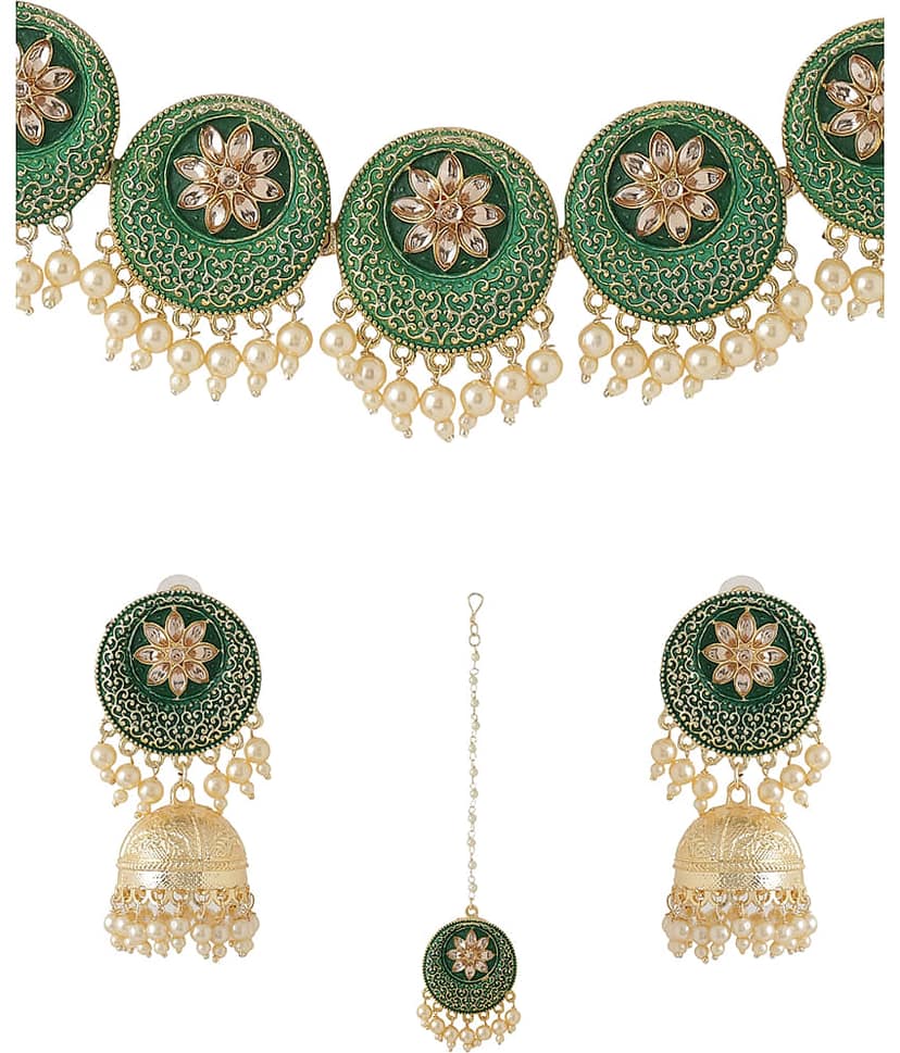 VIRAASI - Green Brass Necklace Set ( Pack of 1 ) view 2