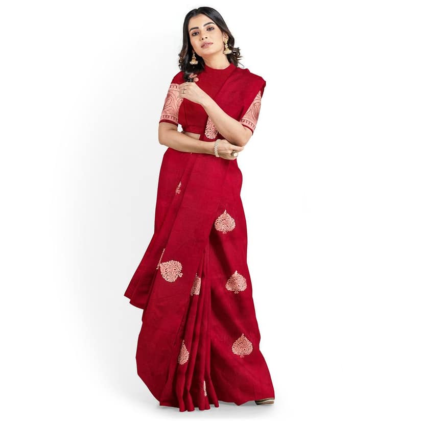 Maroon Color Big Copper Thilagam Butta Saree with Unstitched Blouse view 2