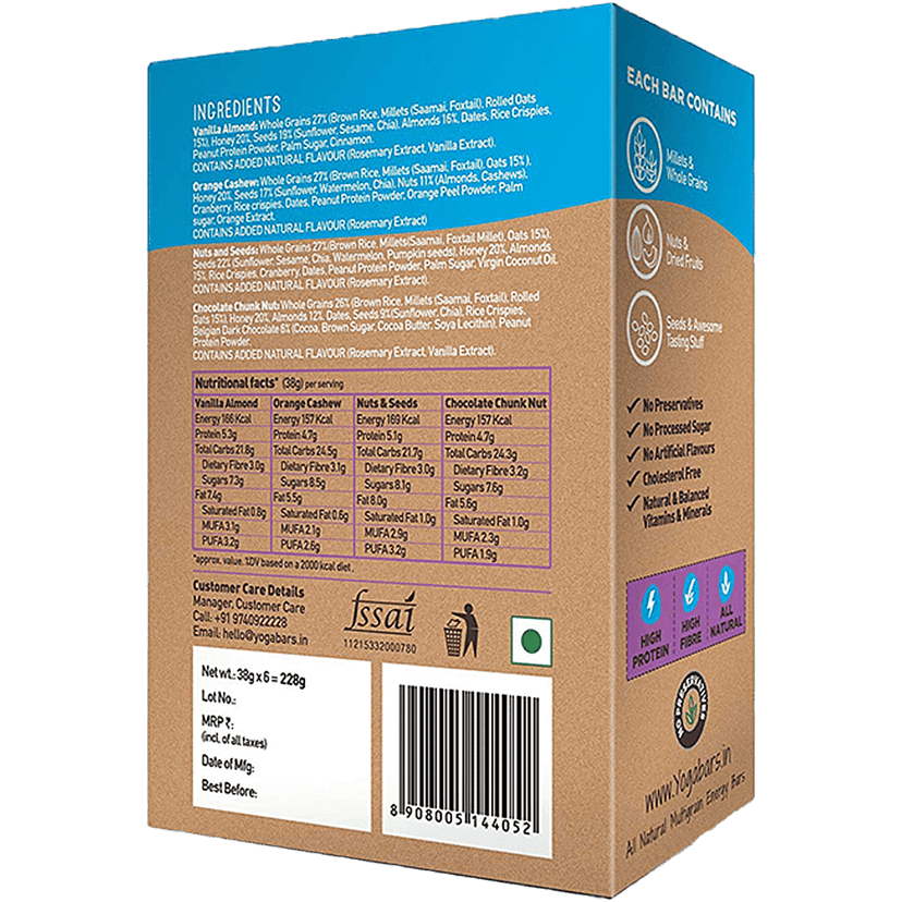 Yoga Bar Multigrain Variety Energy Bar - Chocolate, Vanilla Almonds, Cashew Orange & Nuts & Seeds, 38 G (Pack Of 10) view 2