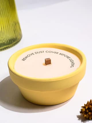 Pale Yellow Ceramic Pot Candle with Wooden Wick