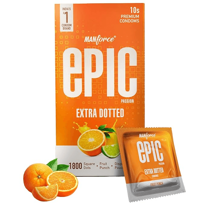 MANFORCE Epic Passion Extra Dotted Fruit Punch Flavoured Premium Condoms with Disposable Pouch Condom (10 Sheets)