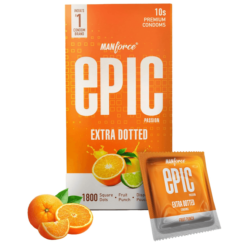 MANFORCE Epic Passion Extra Dotted Fruit Punch Flavoured Premium Condoms with Disposable Pouch Condom (10 Sheets) view 2
