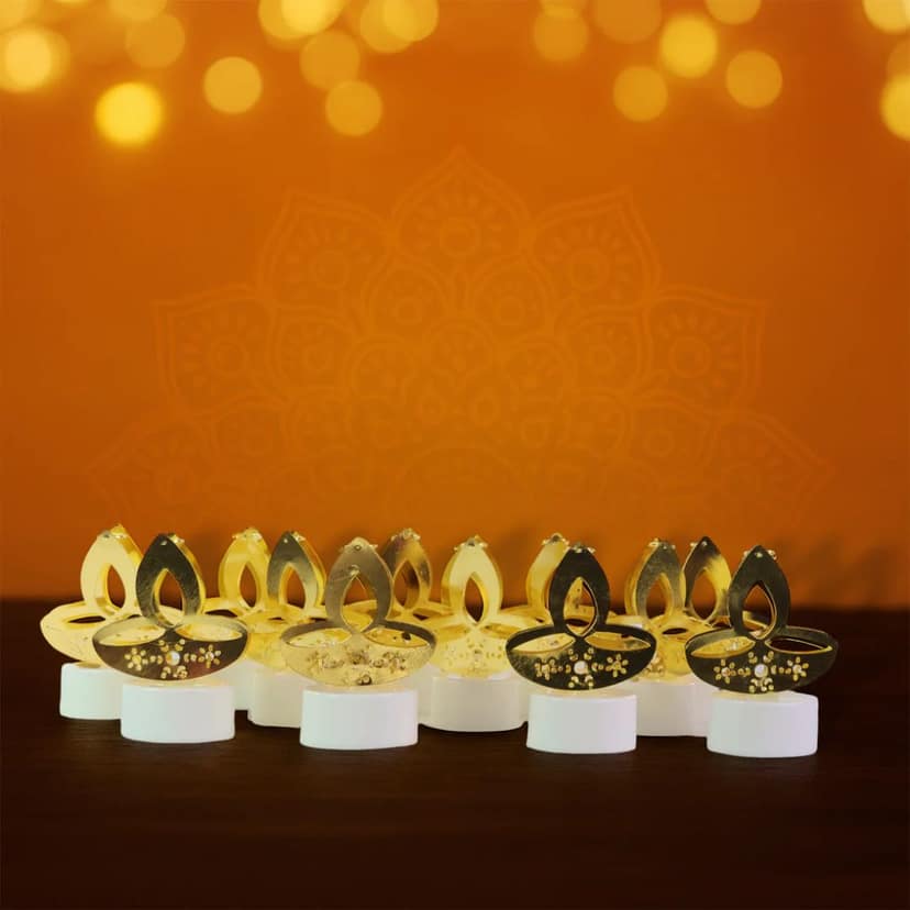 Golden Diya Shaped LED Tealight Candles (12 Pcs) view 2