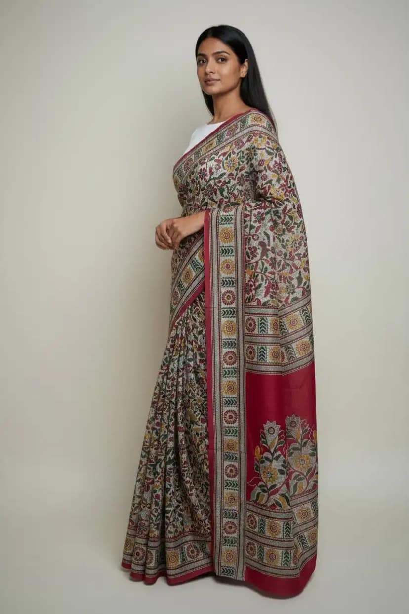 Bomkai Sonepuri Cotton Saree Gray Kalamkari Floral view 2