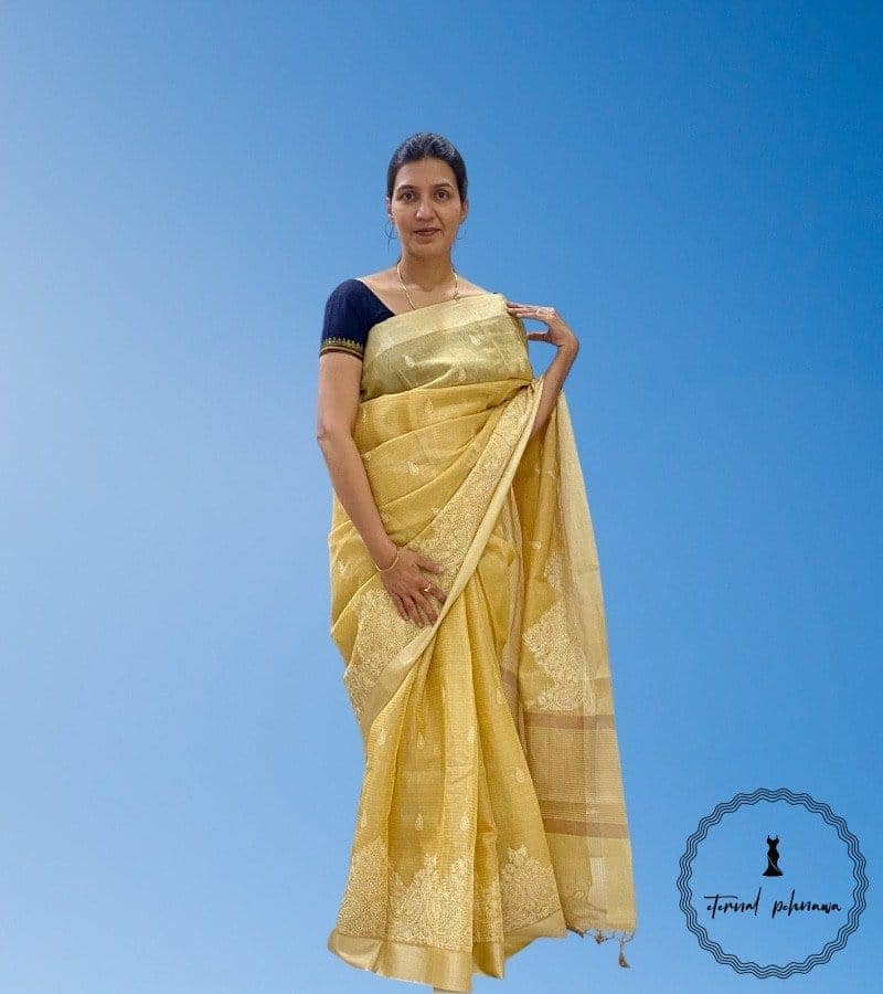 Banarasi Embroidered Linen Tissue Saree at Attractive Price view 2