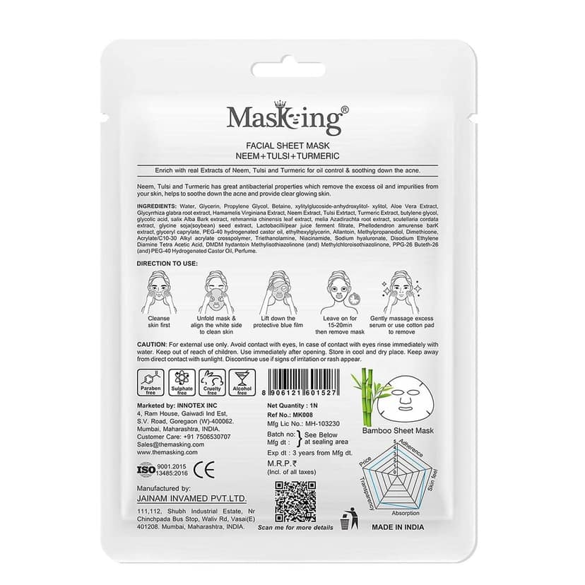 MasKing Bamboo Facial Sheet Mask of Neem, Tulsi & Turmeric for Skin Oil Control Ideal for Women & Men, 20ml each (Pack of 2) view 4