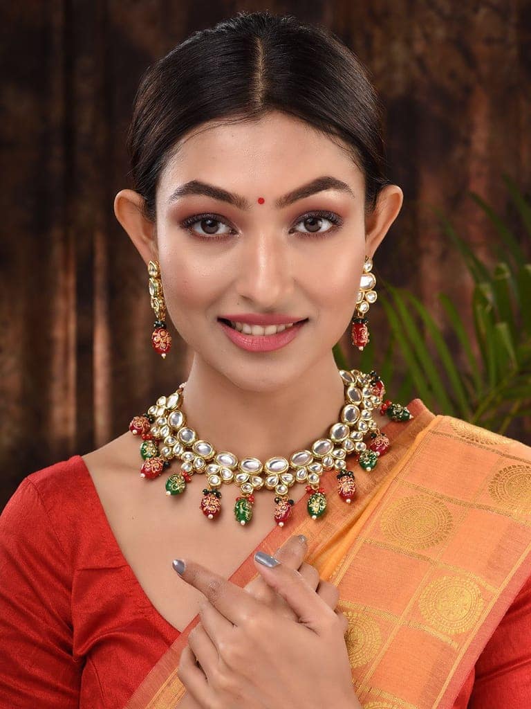 Gold Toned Kundan & Multi Bead studded Handcrafted Jewellery Set view 2