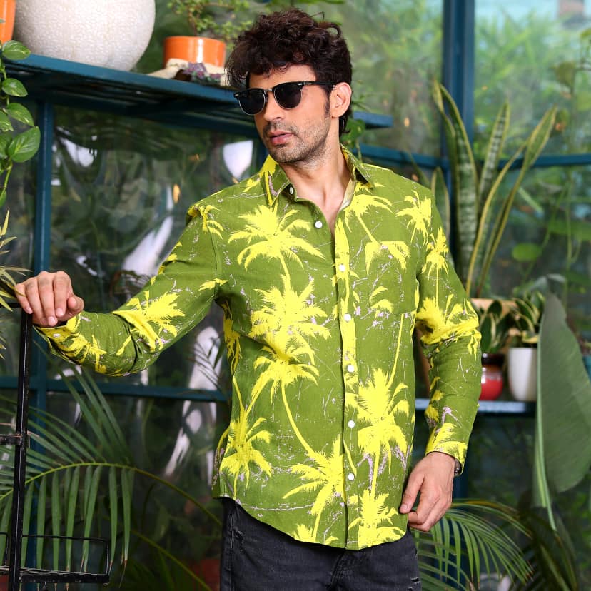 Coconut Tree Dark Lemon Casual Pure Linen Full Shirt (Size - S) by BLUE EAGLE view 2