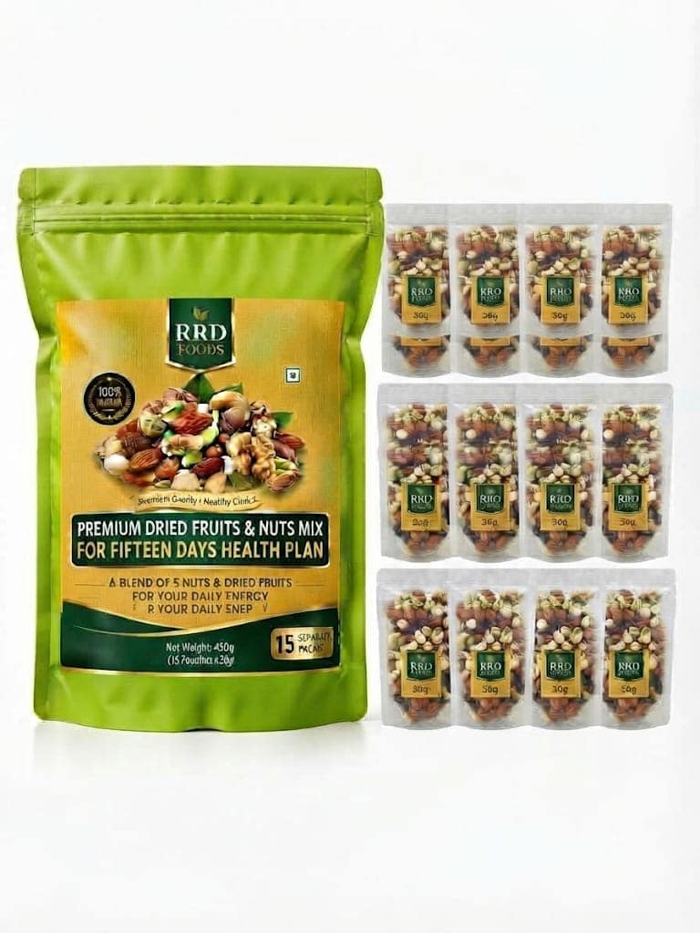 R R D Foods Dry Fruits Mix | Daily Portion Pack | Almonds, Cashews, Pistachios, Walnuts & Raisins | 30g x 15 Pouches | 450g