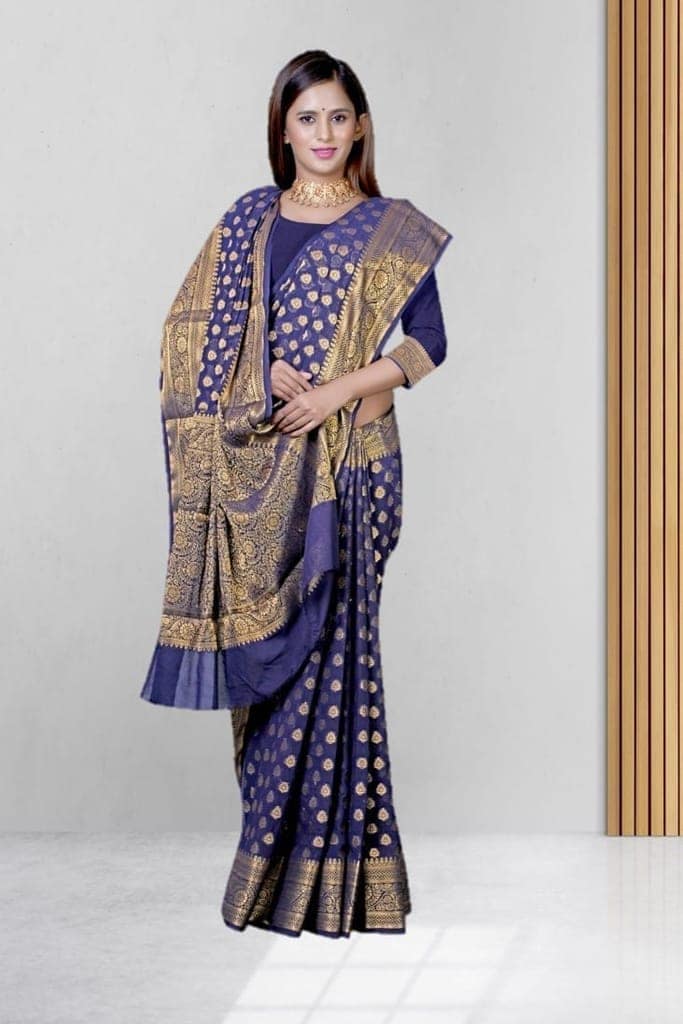 Khaddi Georgette Saree Navy Blue view 3