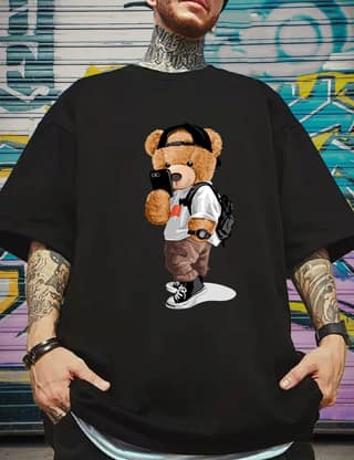 SCOTT FINCHER Men's Streetwear Hip Hop T-Shirt with Bear Graphic, Short Sleeve Cotton Tee Shirt, Casual Loose Fit Tshirt : AA(ARN)BLACK_253
