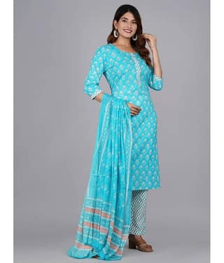 Mishree Collection - Turquoise Straight Cotton Women's Stitched Salwar Suit ( Pack of 1 )