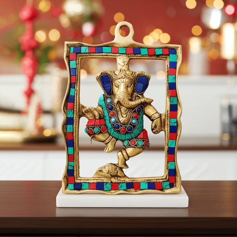 Brass Wall Hanging Showpiece Ganesh Statue With Coral Stone Finish (BSMAS838 A)