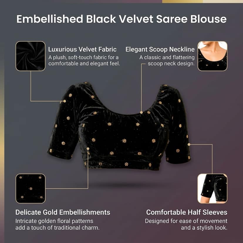 Velvet Readymade Blouse for Women, Elegant, Comfortable, Stylish, Saree Choli Top, Traditional, Size S, M, L, XL, XXL (Navy Blue, M) view 4