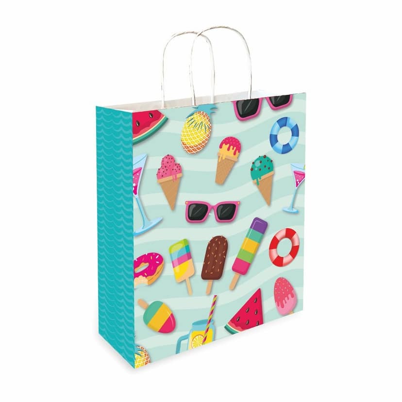 90 GSM Pool Party Ice Cream Theme Printed Attractive Small Party Paper Gift Bags, Ideal For Birthday Return Gifts, Kids Party, & Gifting On Special Occasions (Size:9.4x7.9x3 inch) - 50