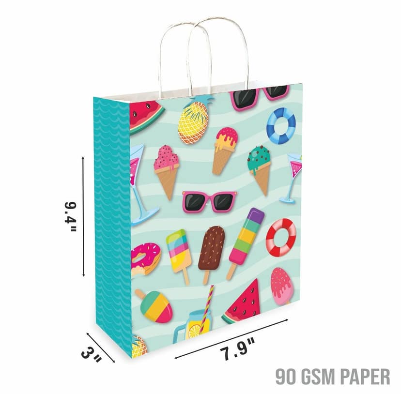90 GSM Pool Party Ice Cream Theme Printed Attractive Small Party Paper Gift Bags, Ideal For Birthday Return Gifts, Kids Party, & Gifting On Special Occasions (Size:9.4x7.9x3 inch) - 50 view 2