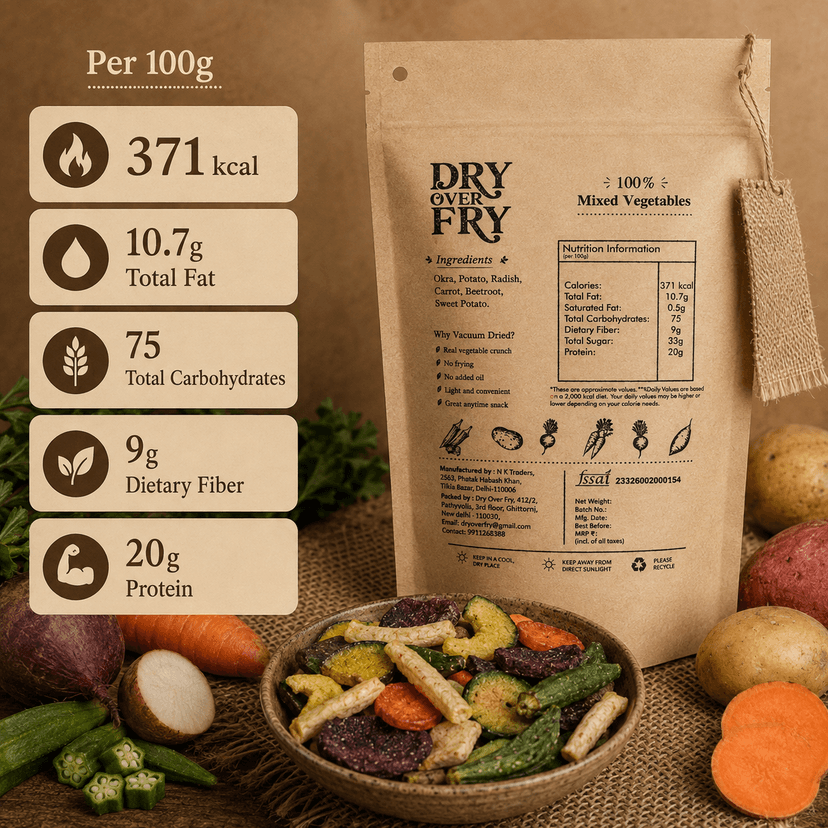 Dry Over Fry Chatpata Mixed Vegetable Crunch (Peri Peri), Vacuum Dried Ready-to-Eat Snack, 75 g view 2