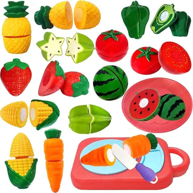 FunBlast Fruits and Vegetables Play Set Toys – 11 Pcs Sliceable Cutting Play Food Toy with Toy Knife & Chopping Board, Pretend Play Cooking Kitchen Set Educational Toy for Toddlers Kids view 3