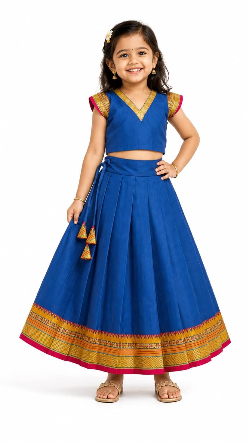 Mom and Me Girls’ Lehenga Choli/Parker Polka/Pattu Pavadai (0 Months–6 Years) | Acrylic Cotton with Soft Cotton Lining | V-Neck, Short Puff Sleeves, Zipper Closure (Blue, 3-6 M)