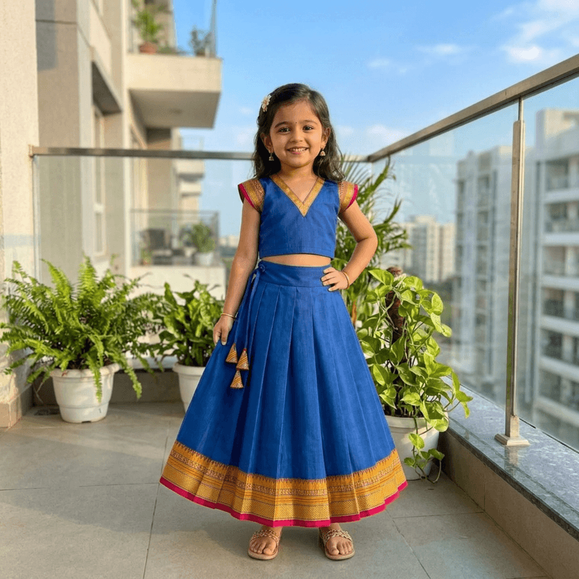 Mom and Me Girls’ Lehenga Choli/Parker Polka/Pattu Pavadai (0 Months–6 Years) | Acrylic Cotton with Soft Cotton Lining | V-Neck, Short Puff Sleeves, Zipper Closure (Blue, 3-6 M) view 3