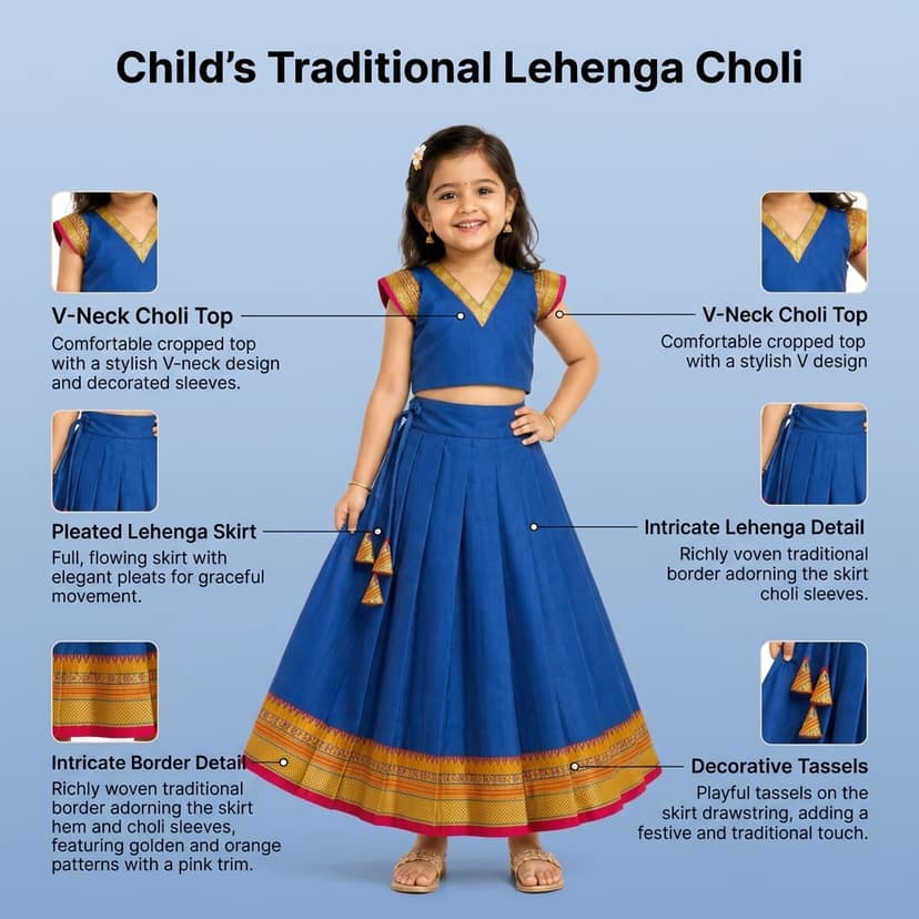 Mom and Me Girls’ Lehenga Choli/Parker Polka/Pattu Pavadai (0 Months–6 Years) | Acrylic Cotton with Soft Cotton Lining | V-Neck, Short Puff Sleeves, Zipper Closure (Blue, 3-6 M) view 4