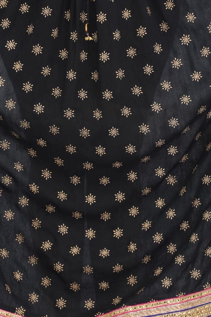 Jet-Black Long Skirt with Golden Printed Bootis and Gota Border view 4