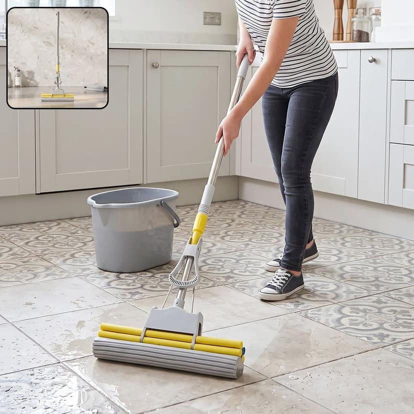 Sponge Floor Mop with Steel Telescopic Handle and Manual Wringer System