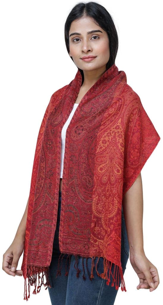 High Risk Red Reversible Jamawar Scarf from Amritsar with Woven Paisleys view 2