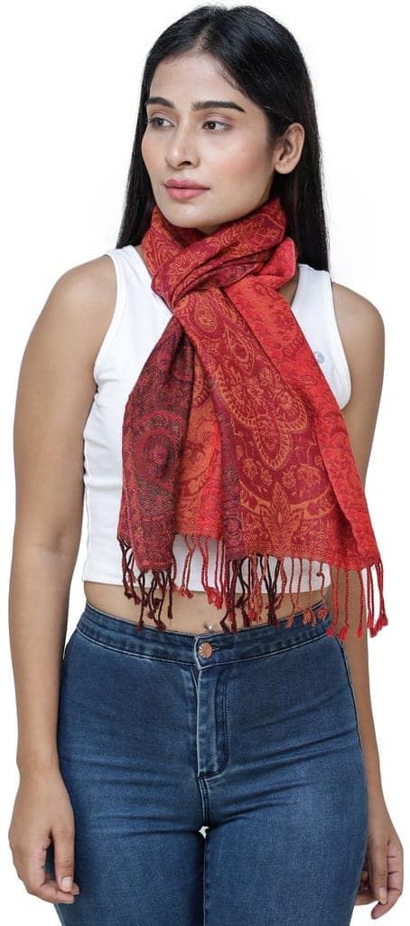 High Risk Red Reversible Jamawar Scarf from Amritsar with Woven Paisleys view 3