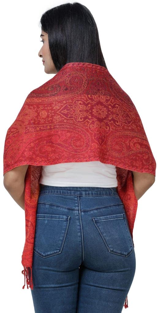 High Risk Red Reversible Jamawar Scarf from Amritsar with Woven Paisleys view 4