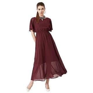 Miss Chase Womens Wine Red Flared Solid Embellished Gathered Maxi Dress