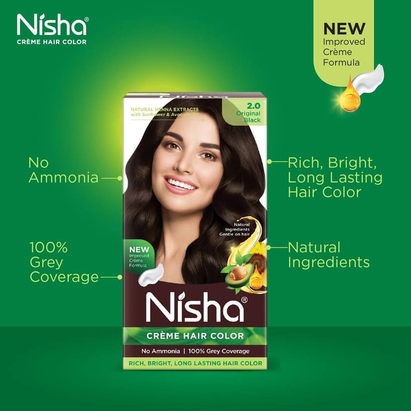Nisha Creme Hair Color Original Black 60g Pack of 2, Permanent Hair Colour, No Ammonia, 100% Grey Coverage view 3