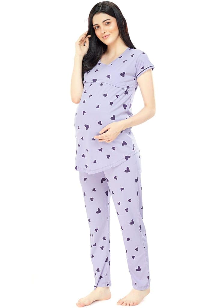 ZEYO Women Cotton Pink Heart Print Maternity & Feeding Night Suit view 4